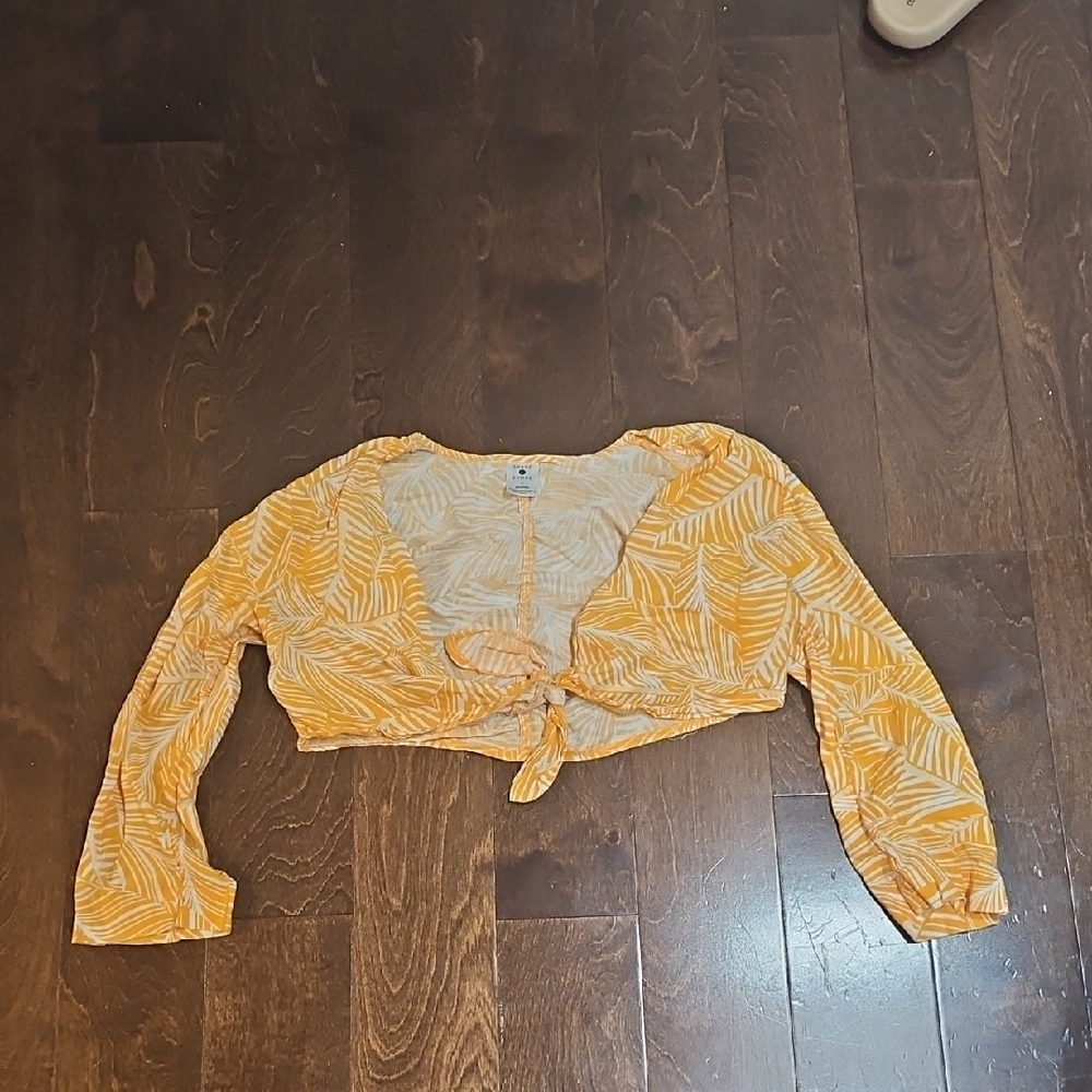 Shade & Shore Orange And White Leaf Tropical Crop Top Long Sleeve Size Small